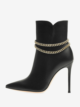 Stivaletti con tacco alto e punta a spillo con catene nere da donna