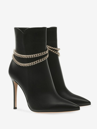Stivaletti con tacco alto e punta a spillo con catene nere da donna