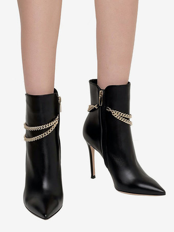 Stivaletti con tacco alto e punta a spillo con catene nere da donna