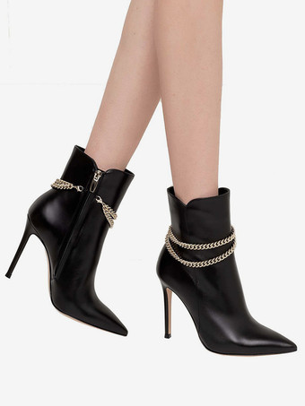 Stivaletti con tacco alto e punta a spillo con catene nere da donna