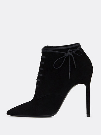 スエード レースアップ ブーツ レディース ブラック ポインテッドトゥ ハイヒール アンクルブーツ