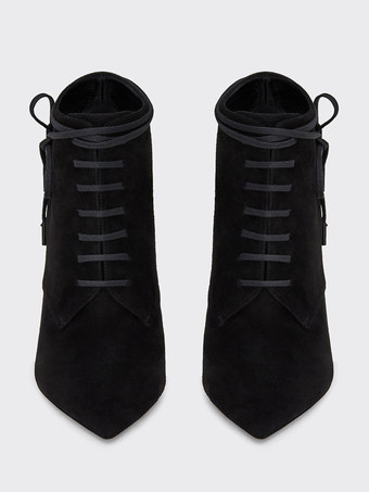 スエード レースアップ ブーツ レディース ブラック ポインテッドトゥ ハイヒール アンクルブーツ