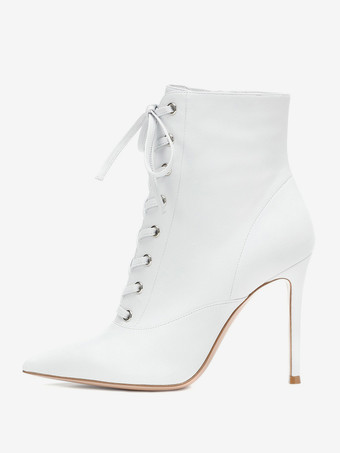 ホワイト レディース アンクルブーツ ホワイト レースアップ ポインテッドトゥ スティレットヒール ブーティ