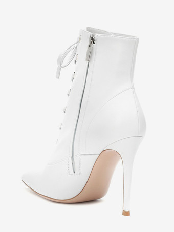 レディース アンクルブーツ ホワイト レースアップ ポインテッドトゥ スティレットヒール ブーティ