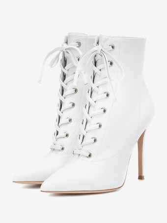 レディース アンクルブーツ ホワイト レースアップ ポインテッドトゥ スティレットヒール ブーティ