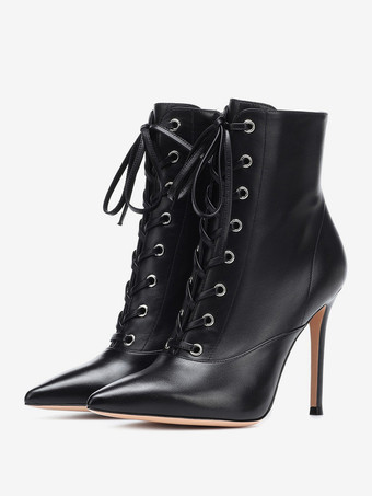 ブラック レディース アンクルブーツ ホワイト レースアップ ポインテッドトゥ スティレットヒール ブーティ