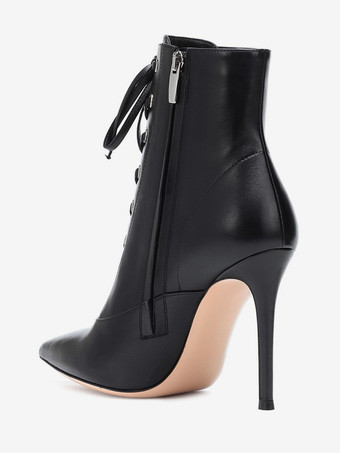 レディース アンクルブーツ ホワイト レースアップ ポインテッドトゥ スティレットヒール ブーティ