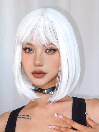 合成ウィッグ ホワイト 耐熱ファイバー レイヤード ショート 女の子 女性 ショートウィッグ