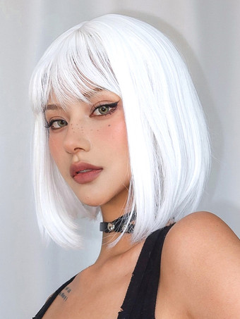 合成ウィッグ ホワイト 耐熱ファイバー レイヤード ショート 女の子 女性 ショートウィッグ
