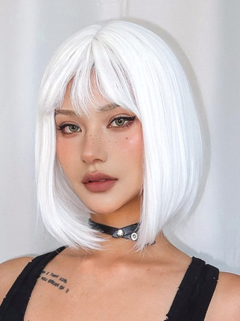 ホワイト 合成ウィッグ ホワイト 耐熱ファイバー レイヤード ショート 女の子 女性 ショートウィッグ