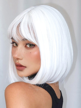 合成ウィッグ ホワイト 耐熱ファイバー レイヤード ショート 女の子 女性 ショートウィッグ