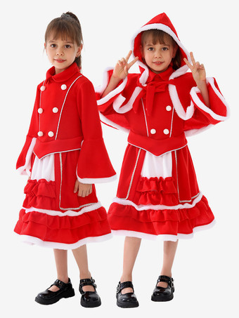 女の子のクリスマスセット 赤いドレス マント ポリエステル クリスマス ホリデー コスチューム
