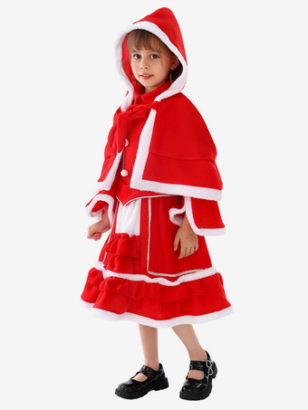 女の子のクリスマスセット 赤いドレス マント ポリエステル クリスマス ホリデー コスチューム