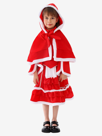レッド 女の子のクリスマスセット 赤いドレス マント ポリエステル クリスマス ホリデー コスチューム