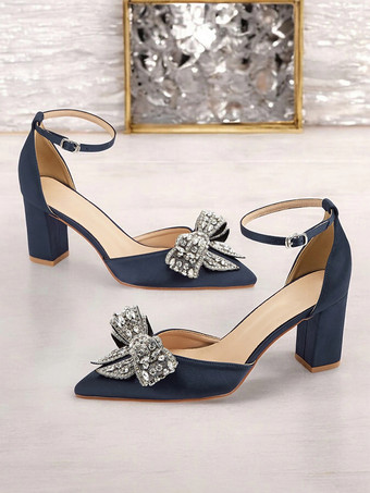 サテンのウェディングシューズ リボン ラインストーン ブライダルシューズの母