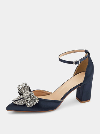 ディープブルーサテンのウェディングシューズ リボン ラインストーン ブライダルシューズの母