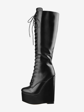 PUブラックニーハイブーツ ブラック セクシーなレースアップ ウェッジヒール レースアップブーツ レディース