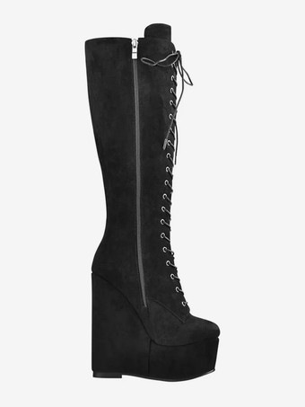 ニーハイブーツ ブラック セクシーなレースアップ ウェッジヒール レースアップブーツ レディース