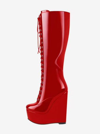 レッドニーハイブーツ ブラック セクシーなレースアップ ウェッジヒール レースアップブーツ レディース