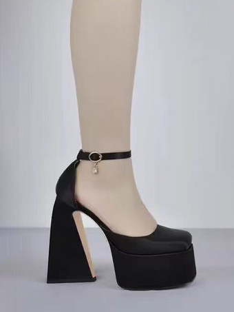 レディース プラットフォームヒール サテン スクエアトゥ ジオメトリックヒール アンクルストラップ パンプス