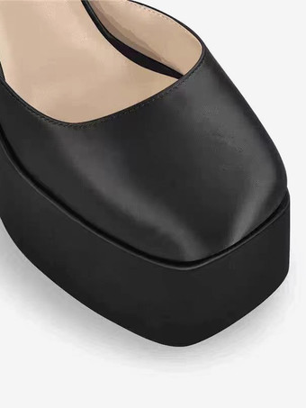 レディース プラットフォームヒール サテン スクエアトゥ ジオメトリックヒール アンクルストラップ パンプス