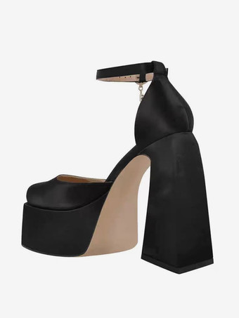 レディース プラットフォームヒール サテン スクエアトゥ ジオメトリックヒール アンクルストラップ パンプス