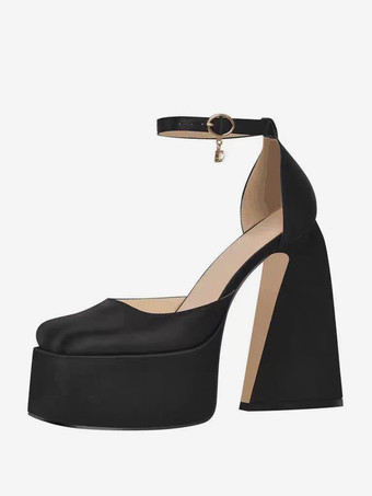 レディース プラットフォームヒール サテン スクエアトゥ ジオメトリックヒール アンクルストラップ パンプス