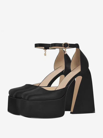ブラック レディース プラットフォームヒール サテン スクエアトゥ ジオメトリックヒール アンクルストラップ パンプス