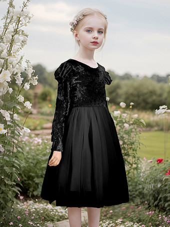 ブラックウェディング フラワーガールドレス 特別な日のドレス ピンク 長袖 フリル