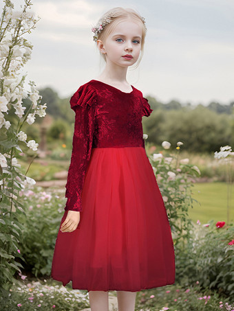 エンバーレッドウェディング フラワーガールドレス 特別な日のドレス ピンク 長袖 フリル