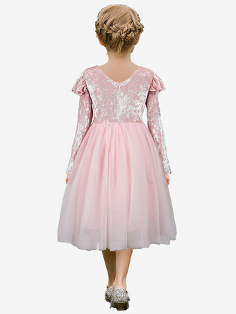 ウェディング フラワーガールドレス 特別な日のドレス ピンク 長袖 フリル