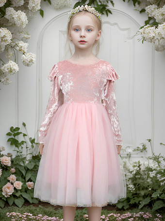 ウェディング フラワーガールドレス 特別な日のドレス ピンク 長袖 フリル