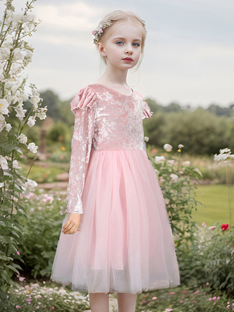 ピンクウェディング フラワーガールドレス 特別な日のドレス ピンク 長袖 フリル