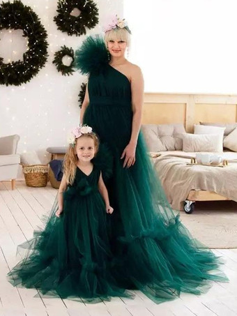 ウェディング フラワーガールドレス 特別な日のドレス エメラルド 長袖 ティアード