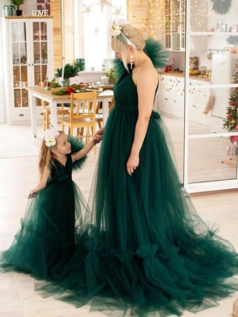 ウェディング フラワーガールドレス 特別な日のドレス エメラルド 長袖 ティアード