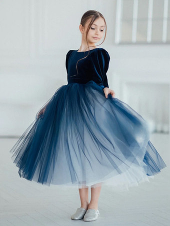 ダークネイビーウェディング フラワーガールドレス 特別な日のドレス ダークネイビー 長袖 リボン