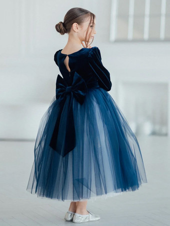 ウェディング フラワーガールドレス 特別な日のドレス ダークネイビー 長袖 リボン