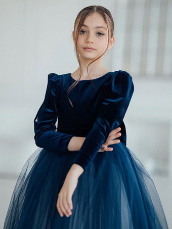 ウェディング フラワーガールドレス 特別な日のドレス ダークネイビー 長袖 リボン