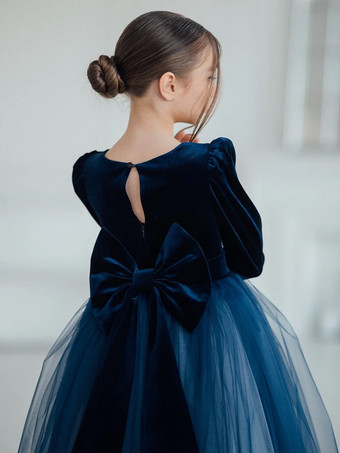 ウェディング フラワーガールドレス 特別な日のドレス ダークネイビー 長袖 リボン