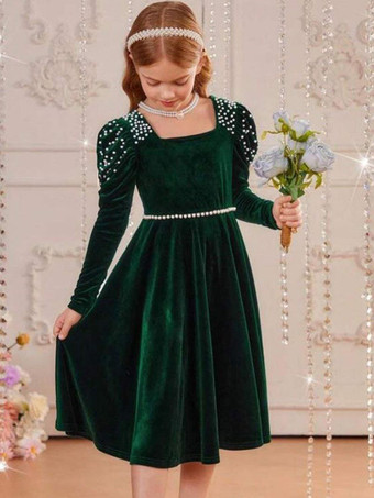 ウェディング フラワーガールドレス 特別な日のドレス エメラルド 長袖 パール