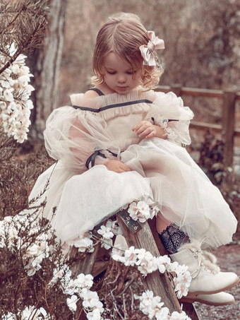 肌色ウェディング フラワーガールドレス 特別な日のドレス ヌード ロングスリーブ フリル