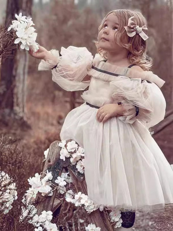 ウェディング フラワーガールドレス 特別な日のドレス ヌード ロングスリーブ フリル