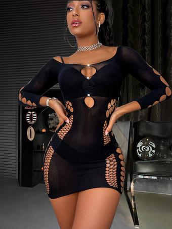 女性用フィッシュネットシュミーズ ブラック ナイロン ラインストーン クラブウェア ランジェリー