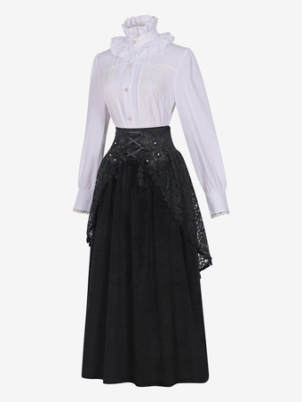 ブラック レトロ レディース レース フリル セット スカート シャツ ヴィンテージ コスチューム