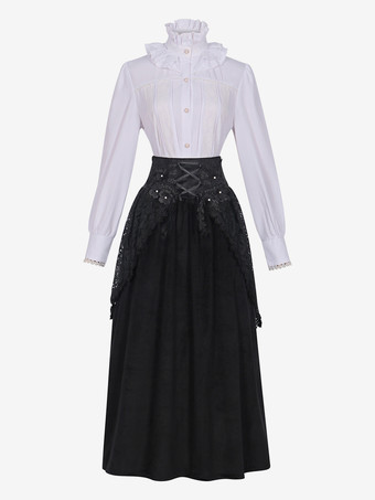 ブラック ブラック レトロ レディース レース フリル セット スカート シャツ ヴィンテージ コスチューム
