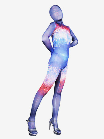 ライトスカイブルーパターニング全身タイツ セクシーな全身タイツコスチューム ミルクシルク レイブクラブ 全身キャットスーツ