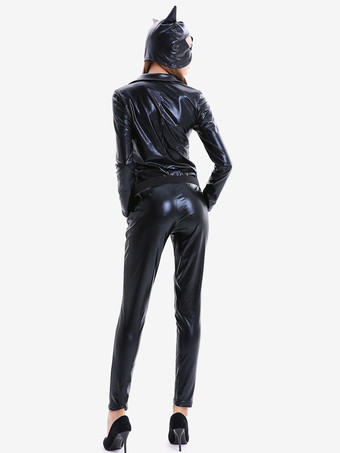 ハロウィン ブラック レディース セクシー マスク ジャンプスーツ PUレザー セット ホリデー コスチューム