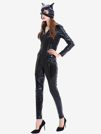 ハロウィン ブラック レディース セクシー マスク ジャンプスーツ PUレザー セット ホリデー コスチューム