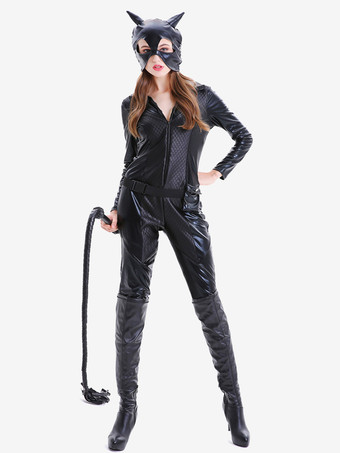 ハロウィン ブラック レディース セクシー マスク ジャンプスーツ PUレザー セット ホリデー コスチューム