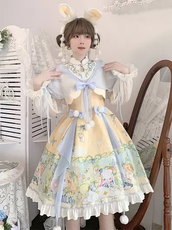 Chinese Style Lolita Dress Bows Long Sleeves Chiffon Chinese Style Bunny Pattern Beige Chinese Style Lolita